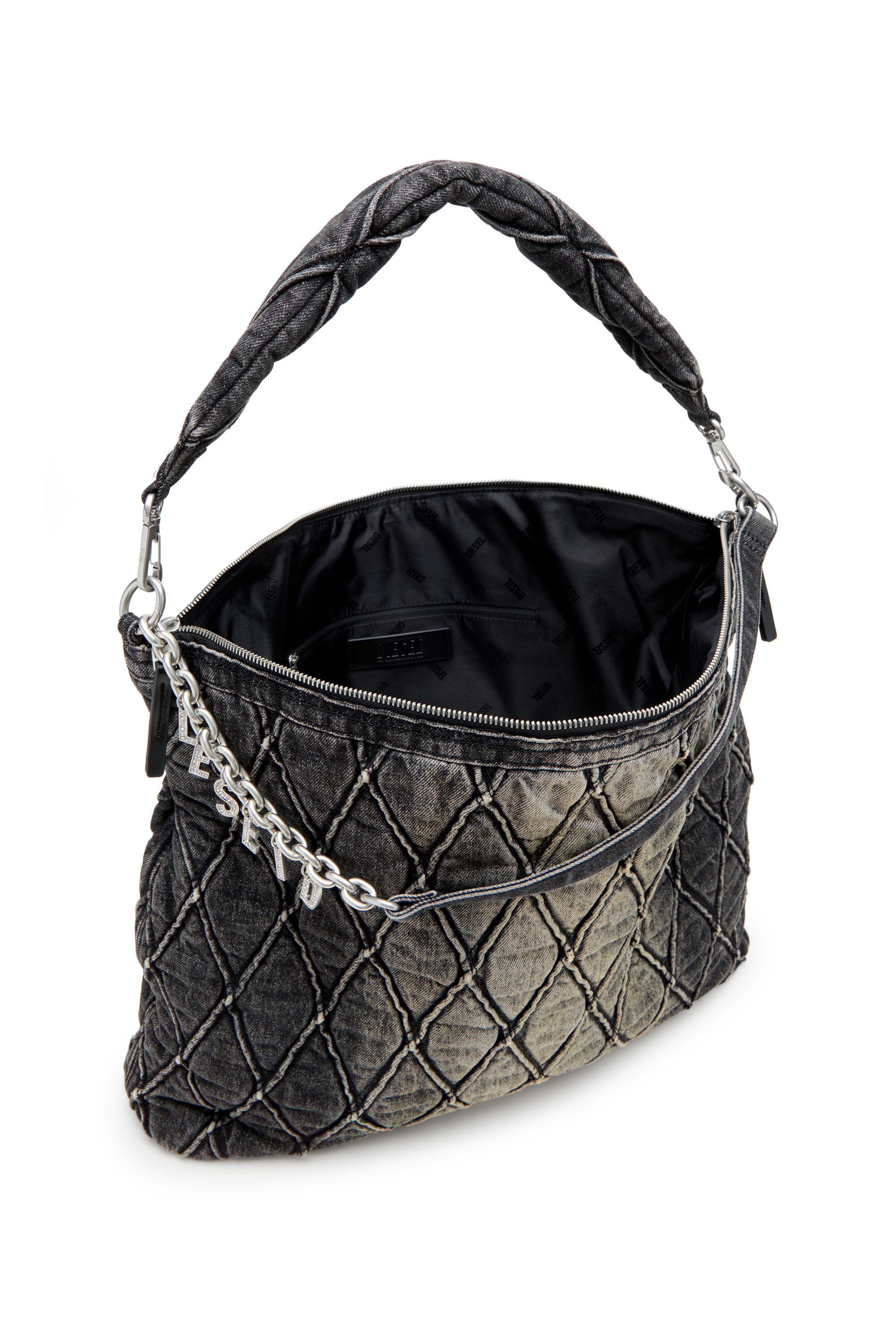 Diesel - CHARM-D HOBO, Woman's Charm-D-Large hobo in treated quilted denim in Black - 5