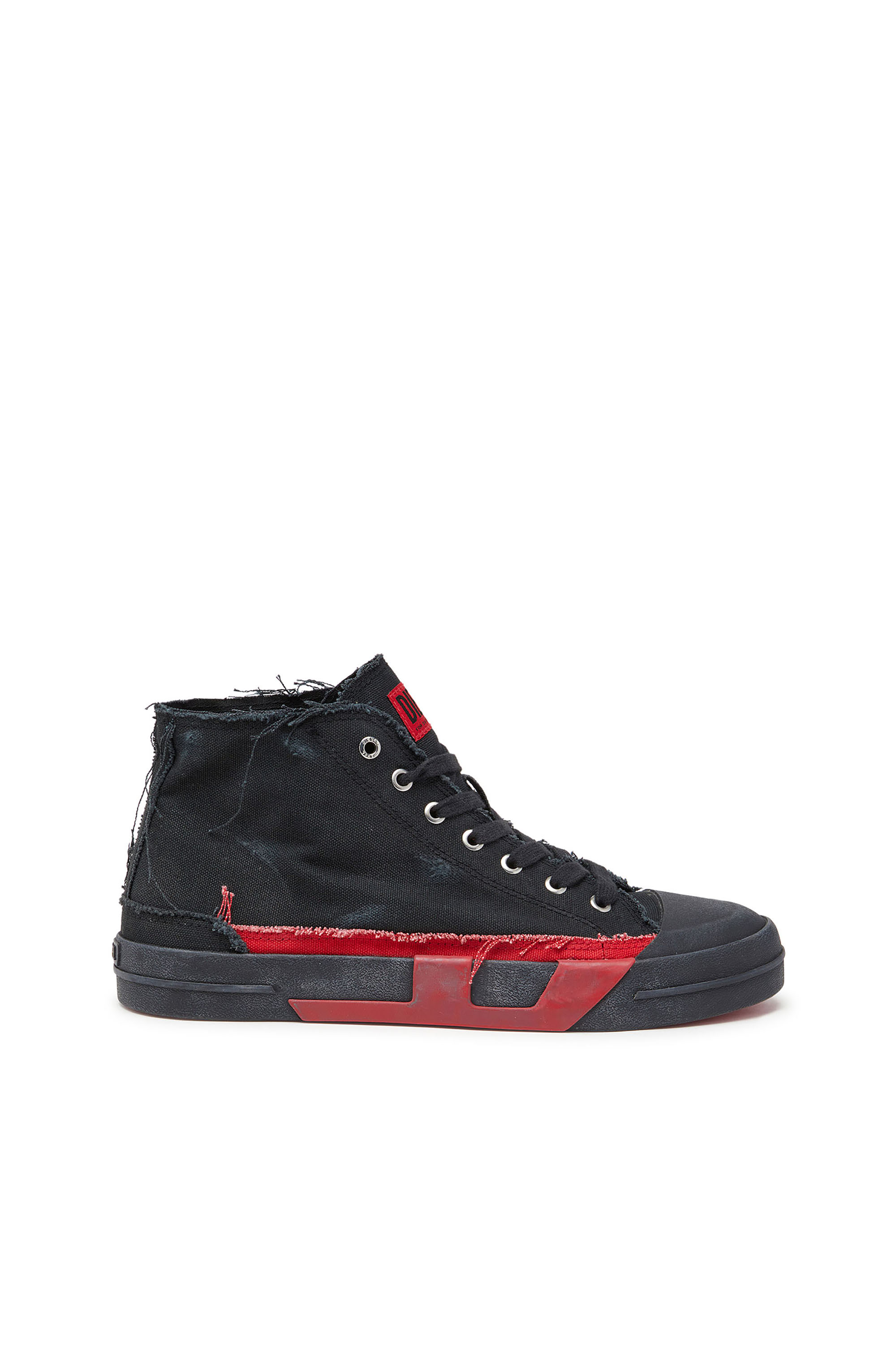 Diesel - S-D-VERSE MID II, Man's S-D-Verse-Distressed high-top sneakers in canvas in Black/Red - 2