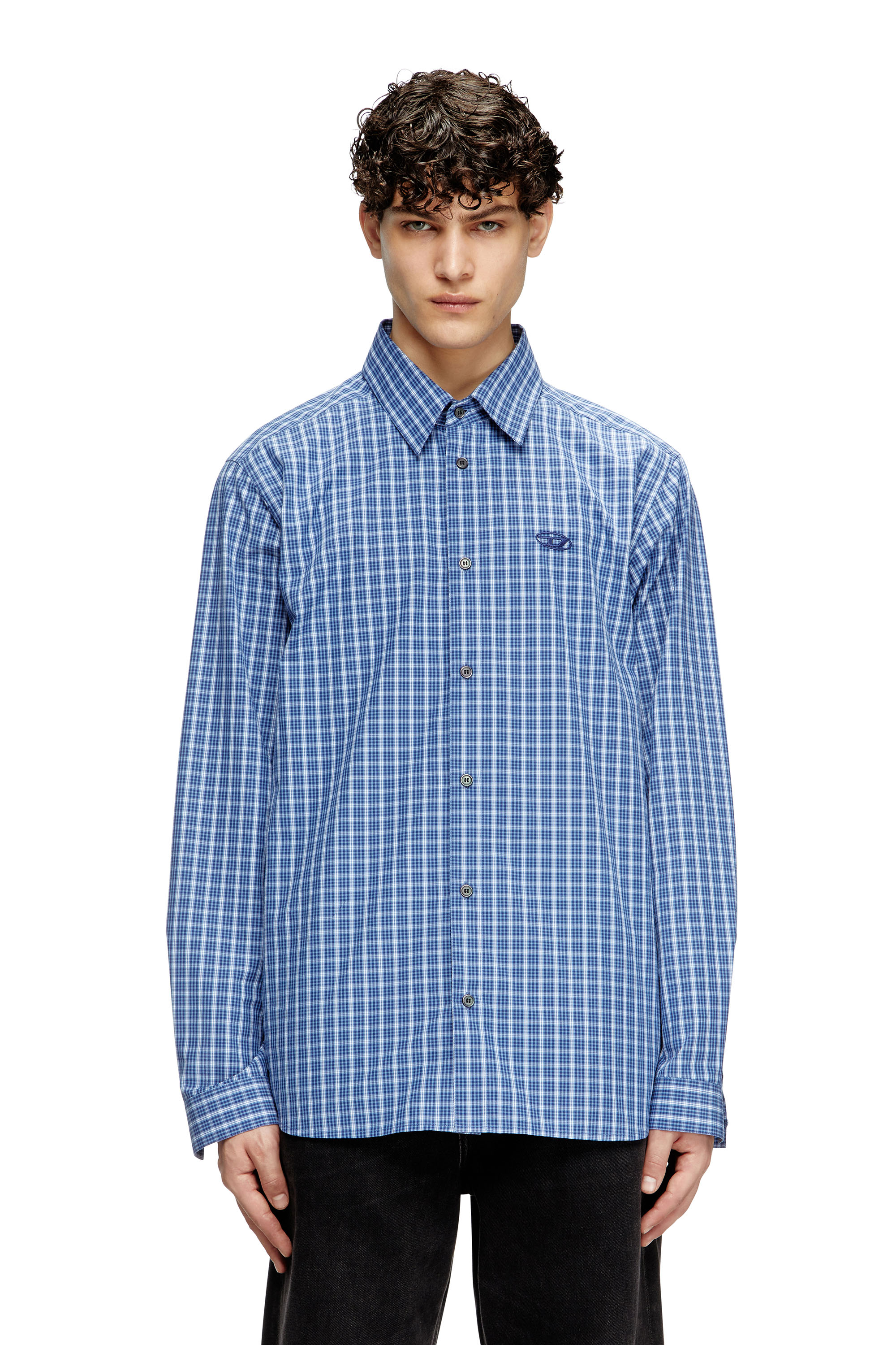 Diesel - S-SIMPLY-DLBV, Man's Checked shirt with Oval D embroidery in Blue/White - 1