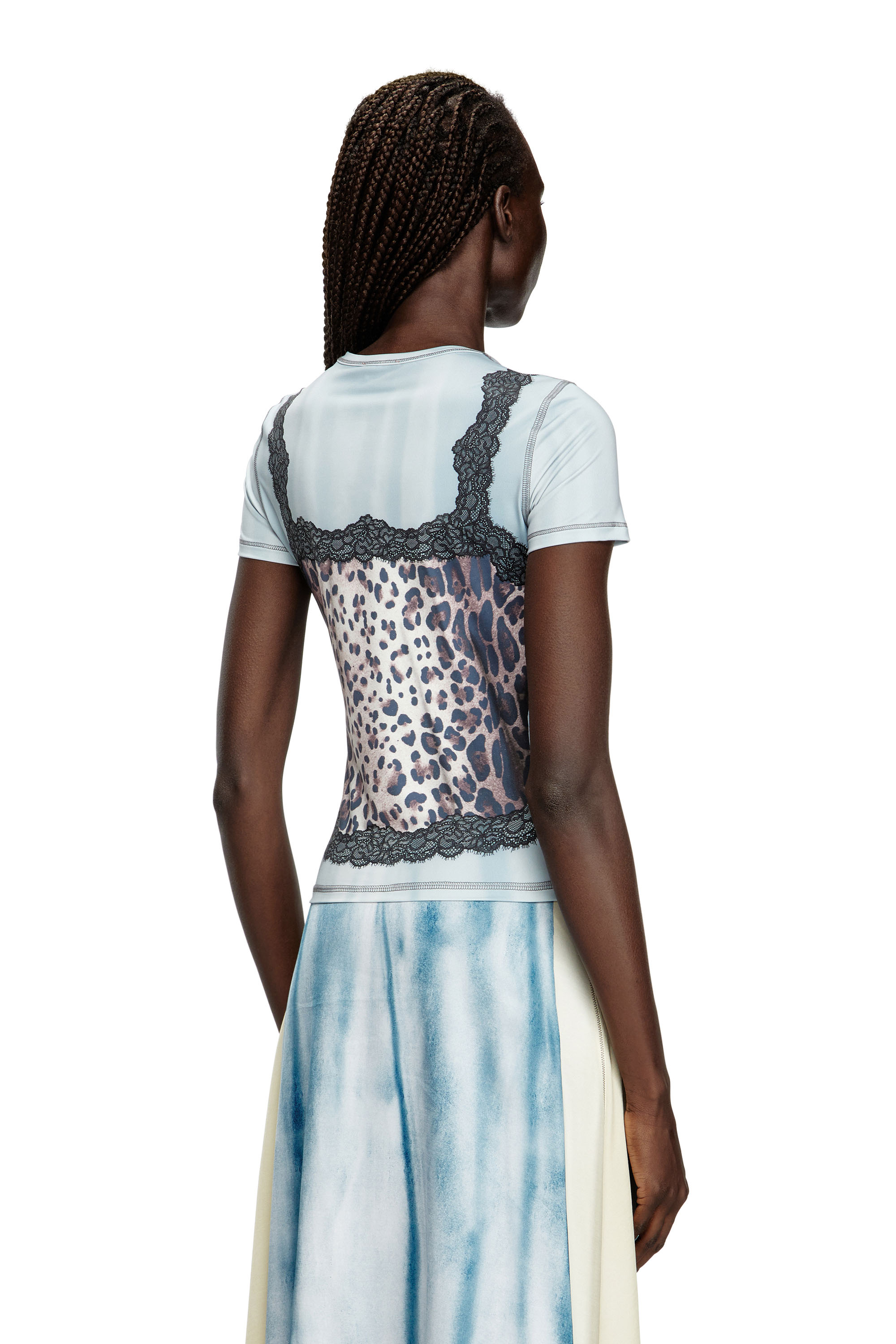 Diesel - T-ILENI, Woman's Stretch T-shirt with trompe l'oeil cami in Light Blue - 5