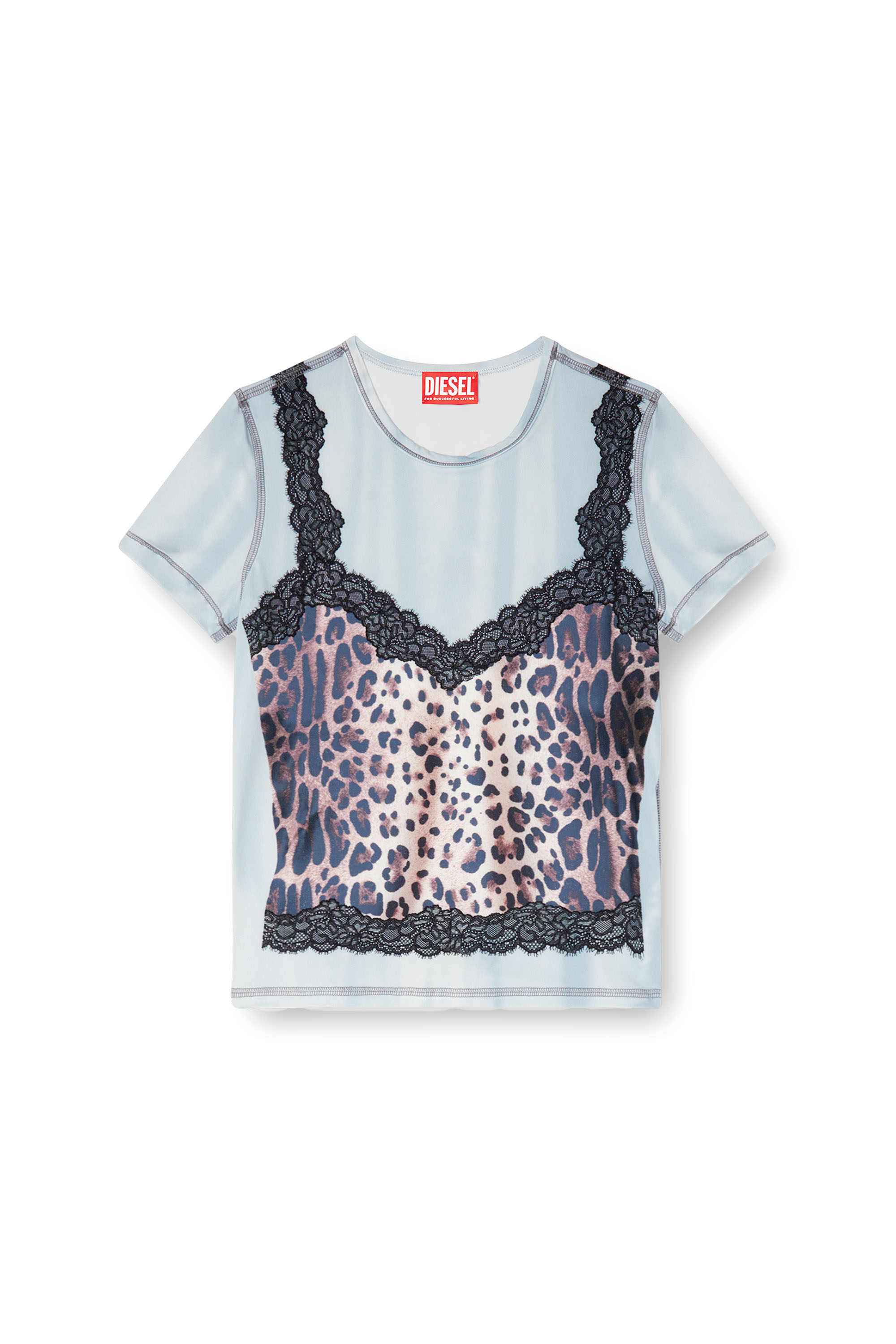 Diesel - T-ILENI, Woman's Stretch T-shirt with trompe l'oeil cami in Light Blue - 4